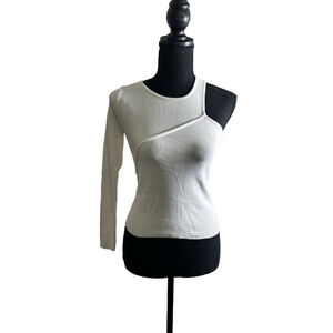 Balboa White Asymmetric One Shoulder Long Sleeve Knit Slim Fit, Size Small